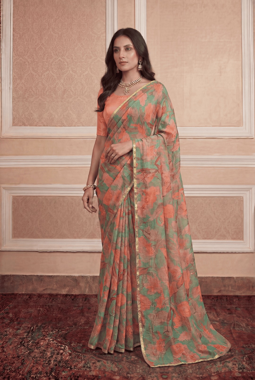 Printed Chiffon Saree with Zari work