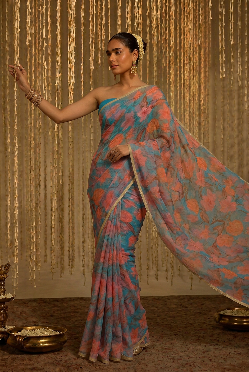 Printed Chiffon Saree with Zari work.