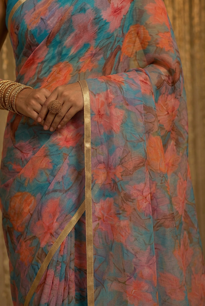 Printed Chiffon Saree with Zari work.