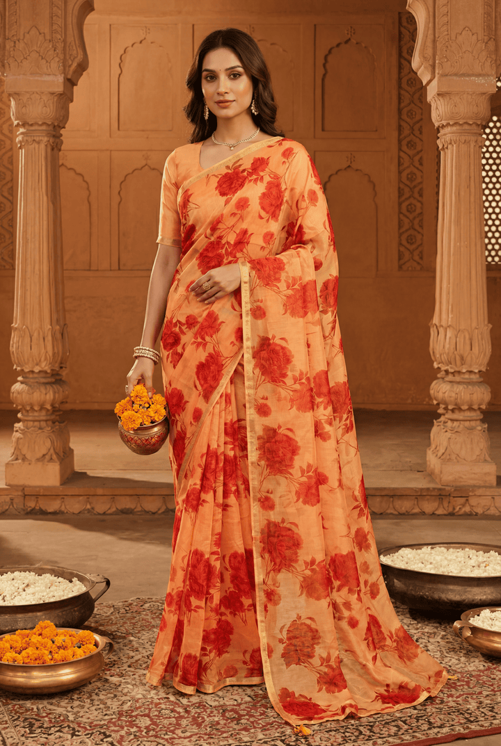 Printed Chiffon Saree with Zari work.