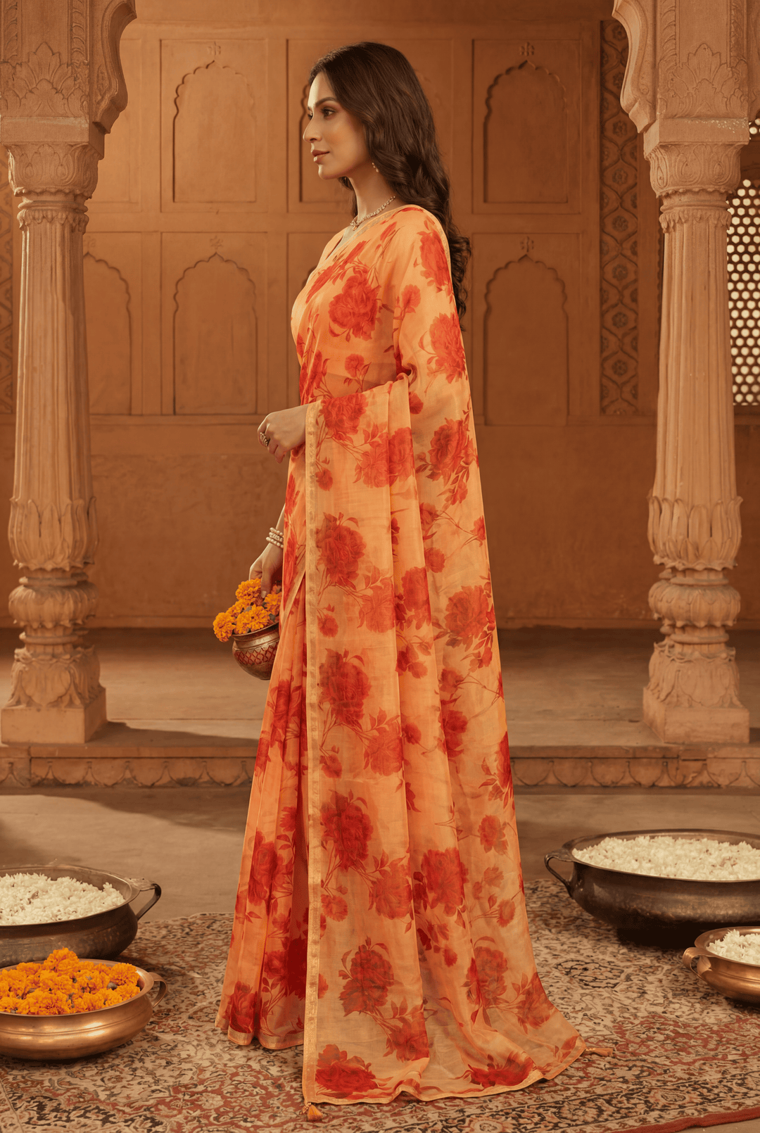 Printed Chiffon Saree with Zari work.