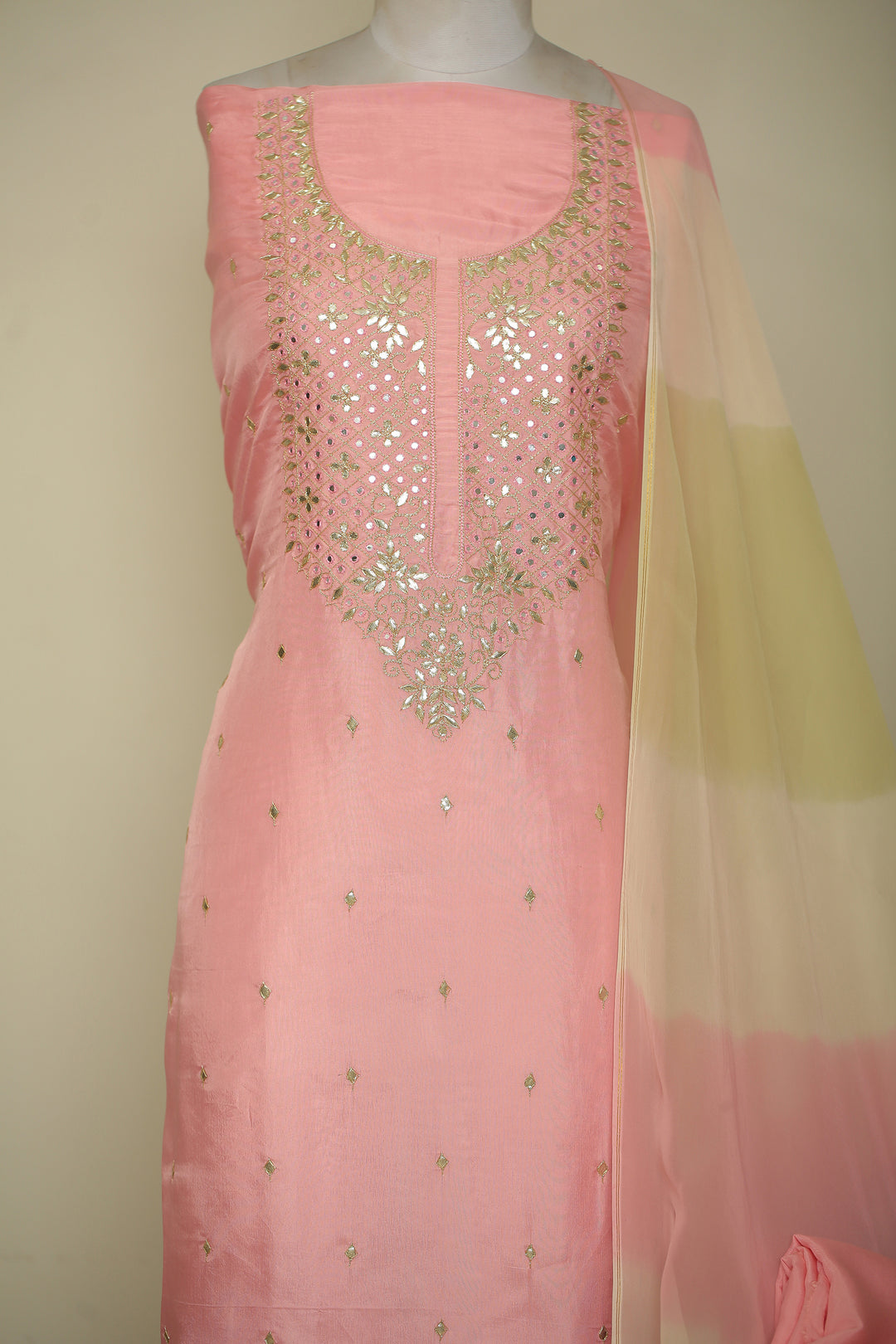 Organza silk Unstitched Suit with Dori, Gota, Gota Patti, Mirror, Zari work.