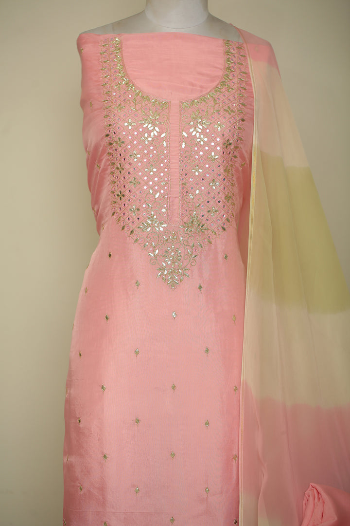 Organza silk Unstitched Suit with Dori, Gota, Gota Patti, Mirror, Zari work.