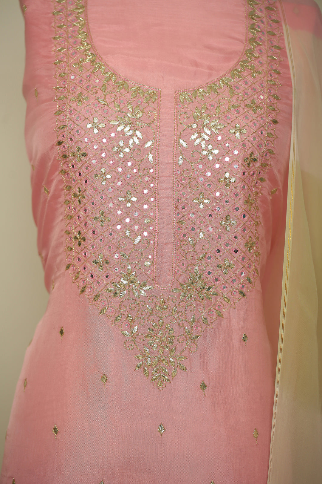 Organza silk Unstitched Suit with Dori, Gota, Gota Patti, Mirror, Zari work.