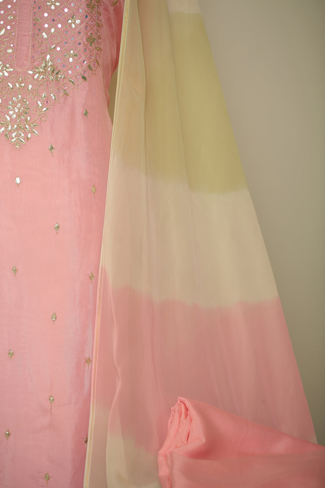Organza silk Unstitched Suit with Dori, Gota, Gota Patti, Mirror, Zari work.