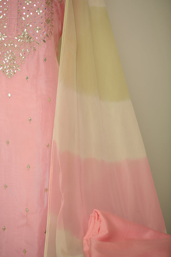 Organza silk Unstitched Suit with Dori, Gota, Gota Patti, Mirror, Zari work.