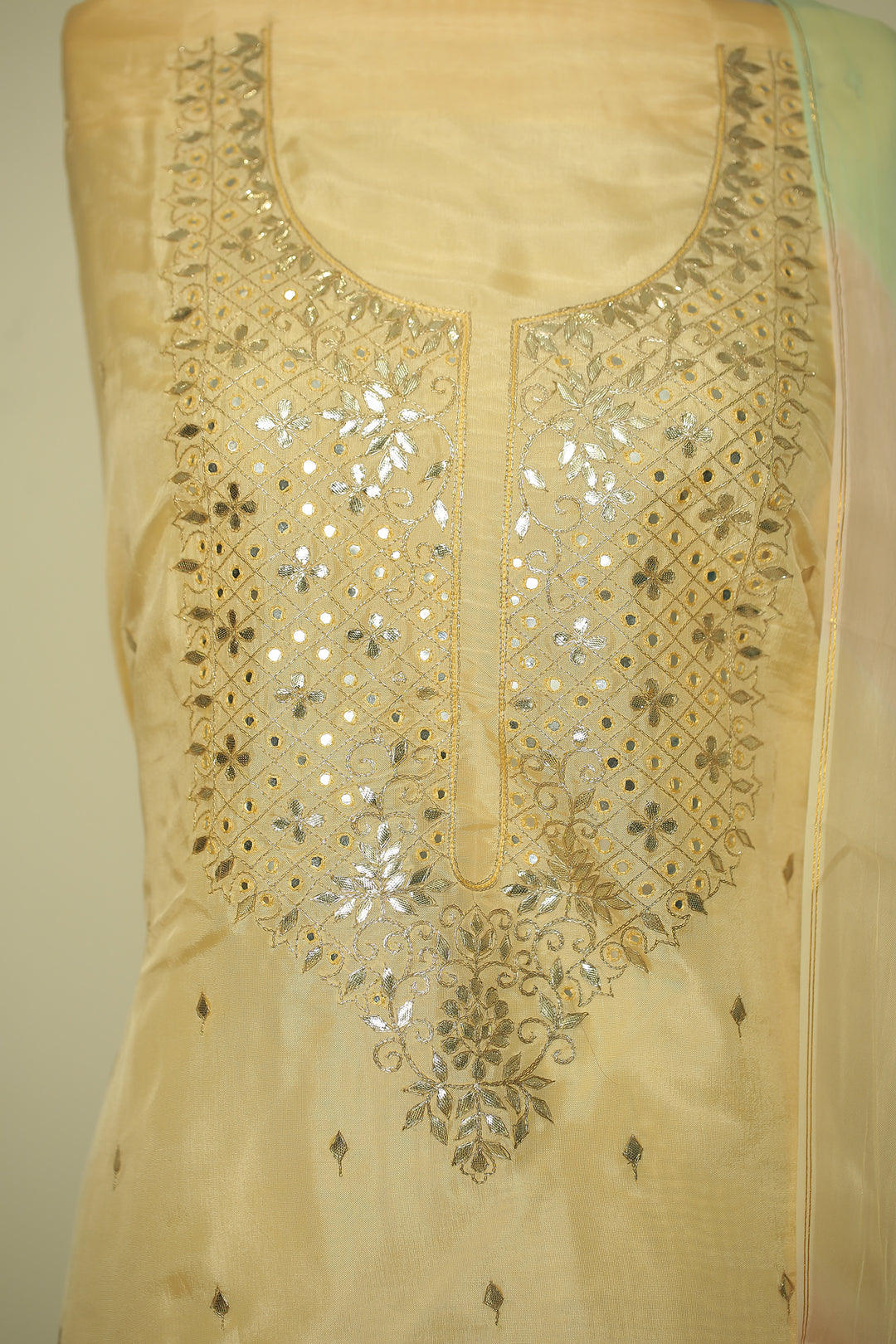 Organza silk Unstitched Suit with Dori, Gota Patti, Mirror, Thread work.