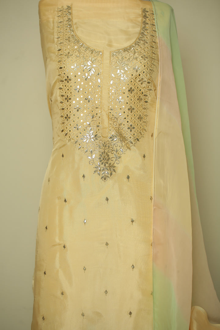 Organza silk Unstitched Suit with Dori, Gota Patti, Mirror, Thread work.