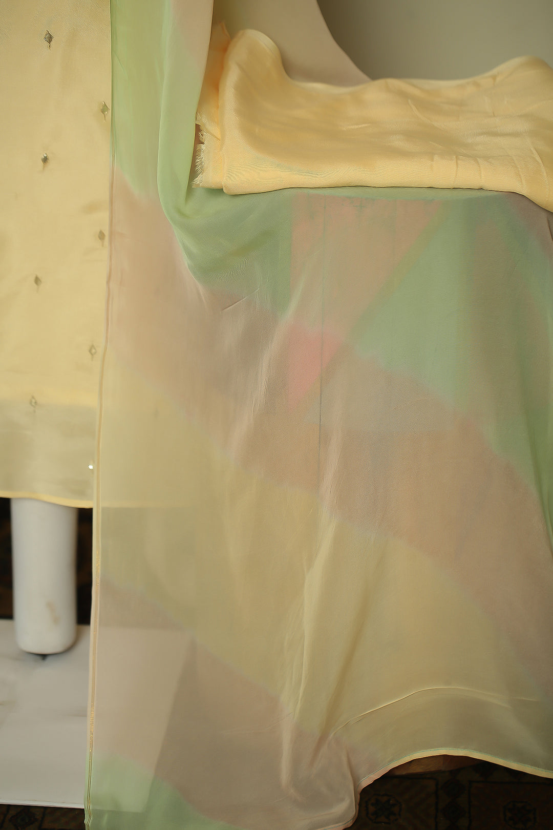 Organza silk Unstitched Suit with Dori, Gota Patti, Mirror, Thread work.