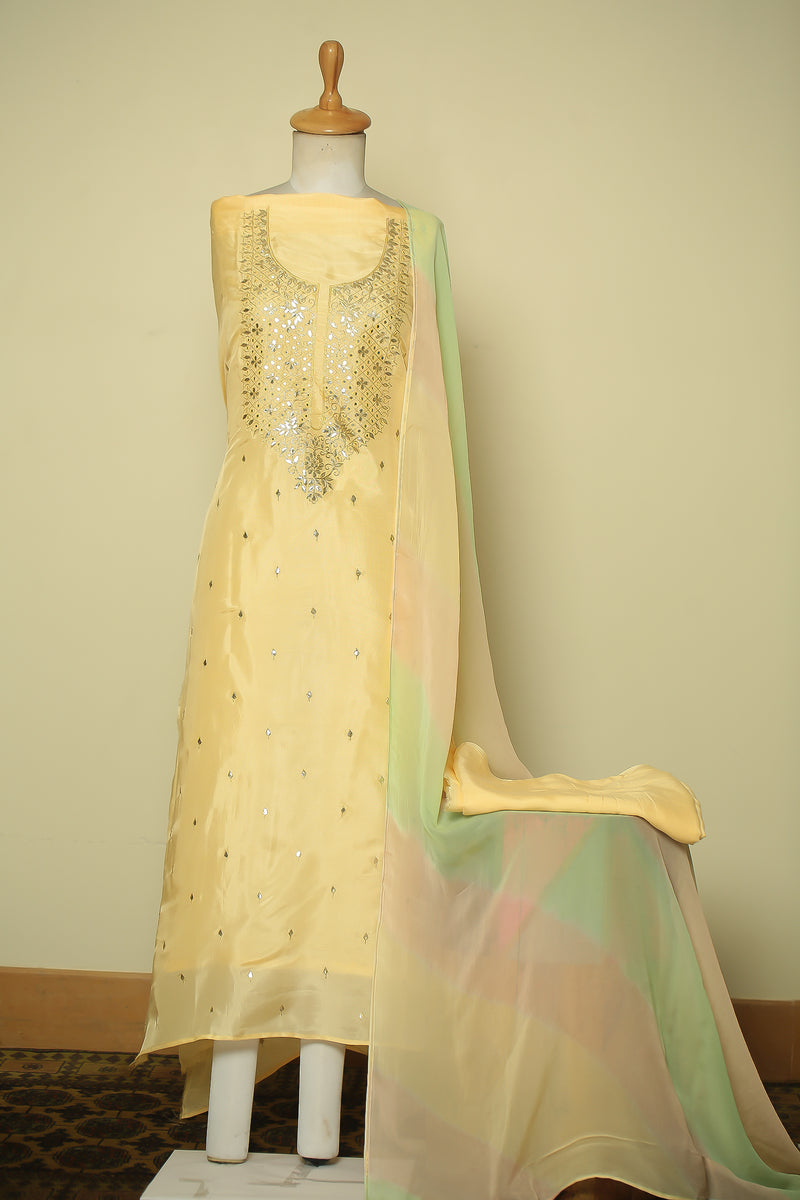 Organza silk Unstitched Suit with Dori, Gota Patti, Mirror, Thread work.
