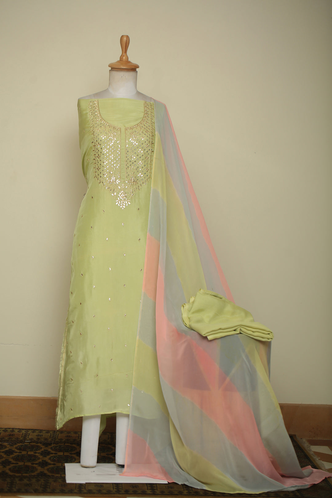 Organza silk Unstitched Suit with Dori, Gota Patti, Mirror, Zari work.