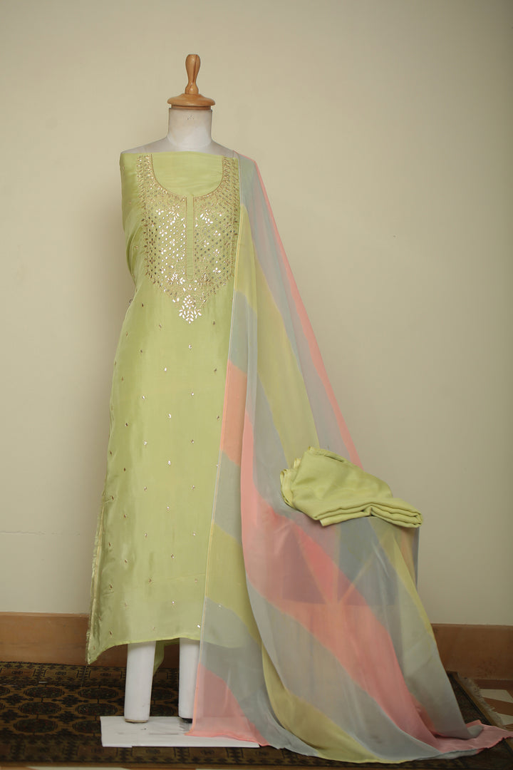 Organza silk Unstitched Suit with Dori, Gota Patti, Mirror, Zari work.