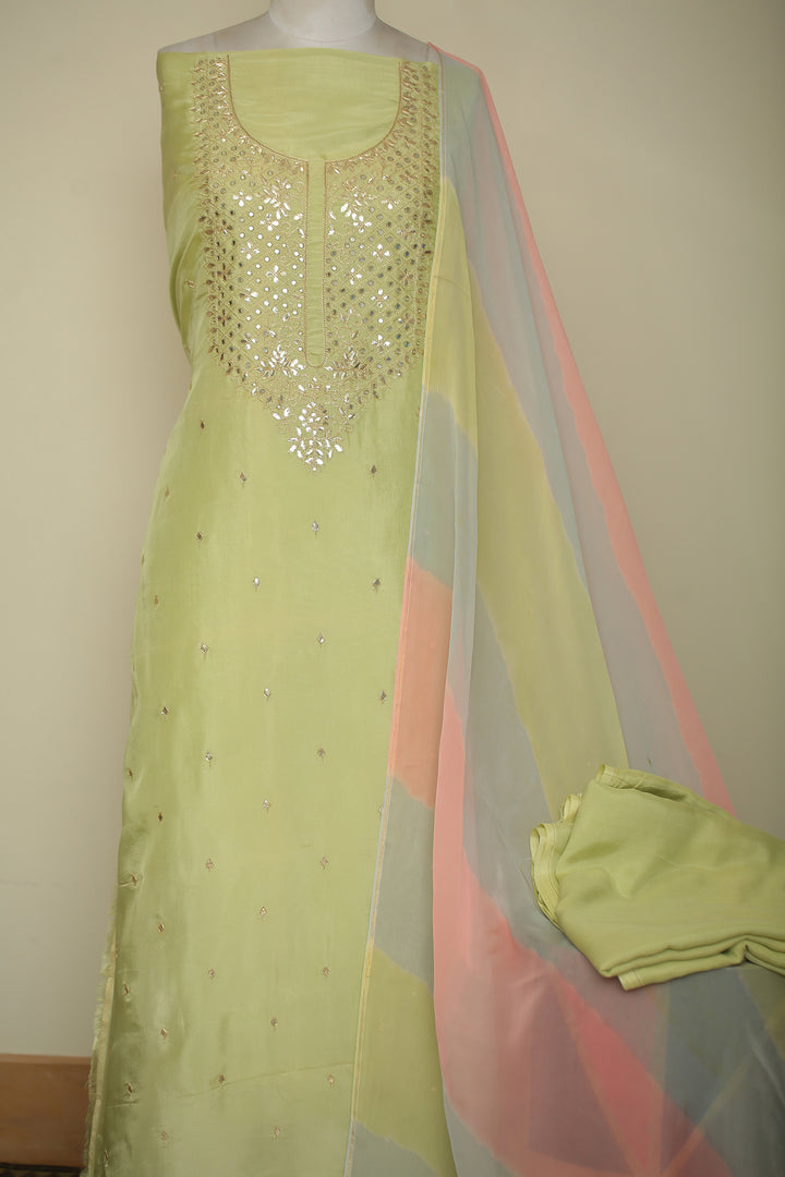 Organza silk Unstitched Suit with Dori, Gota Patti, Mirror, Zari work.