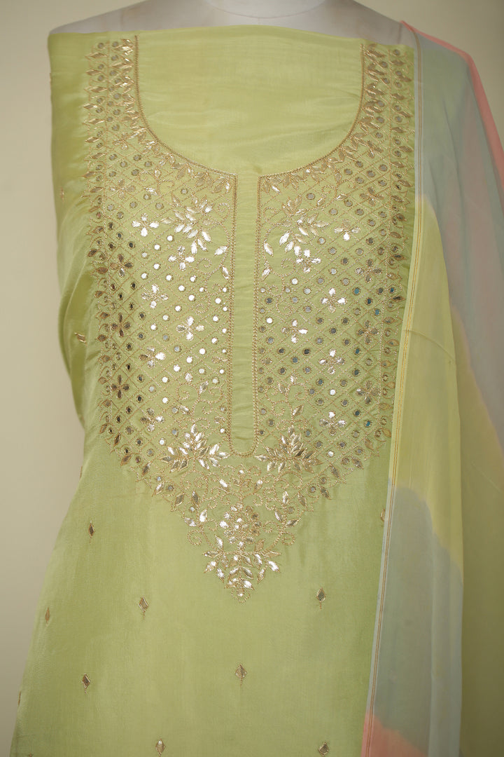 Organza silk Unstitched Suit with Dori, Gota Patti, Mirror, Zari work.