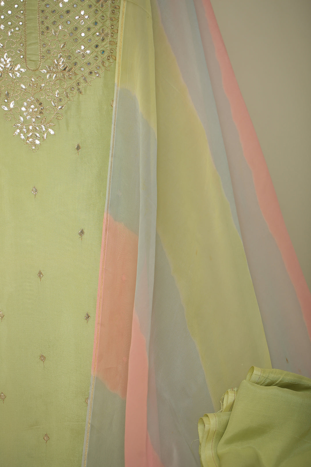 Organza silk Unstitched Suit with Dori, Gota Patti, Mirror, Zari work.