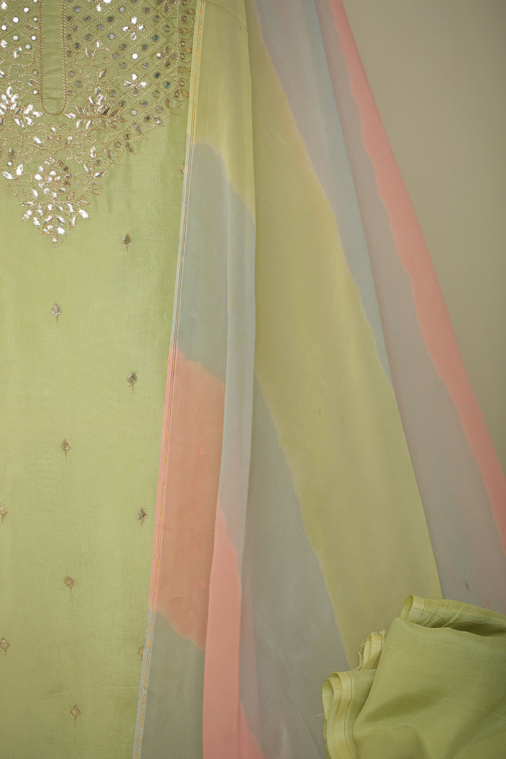 Organza silk Unstitched Suit with Dori, Gota Patti, Mirror, Zari work.