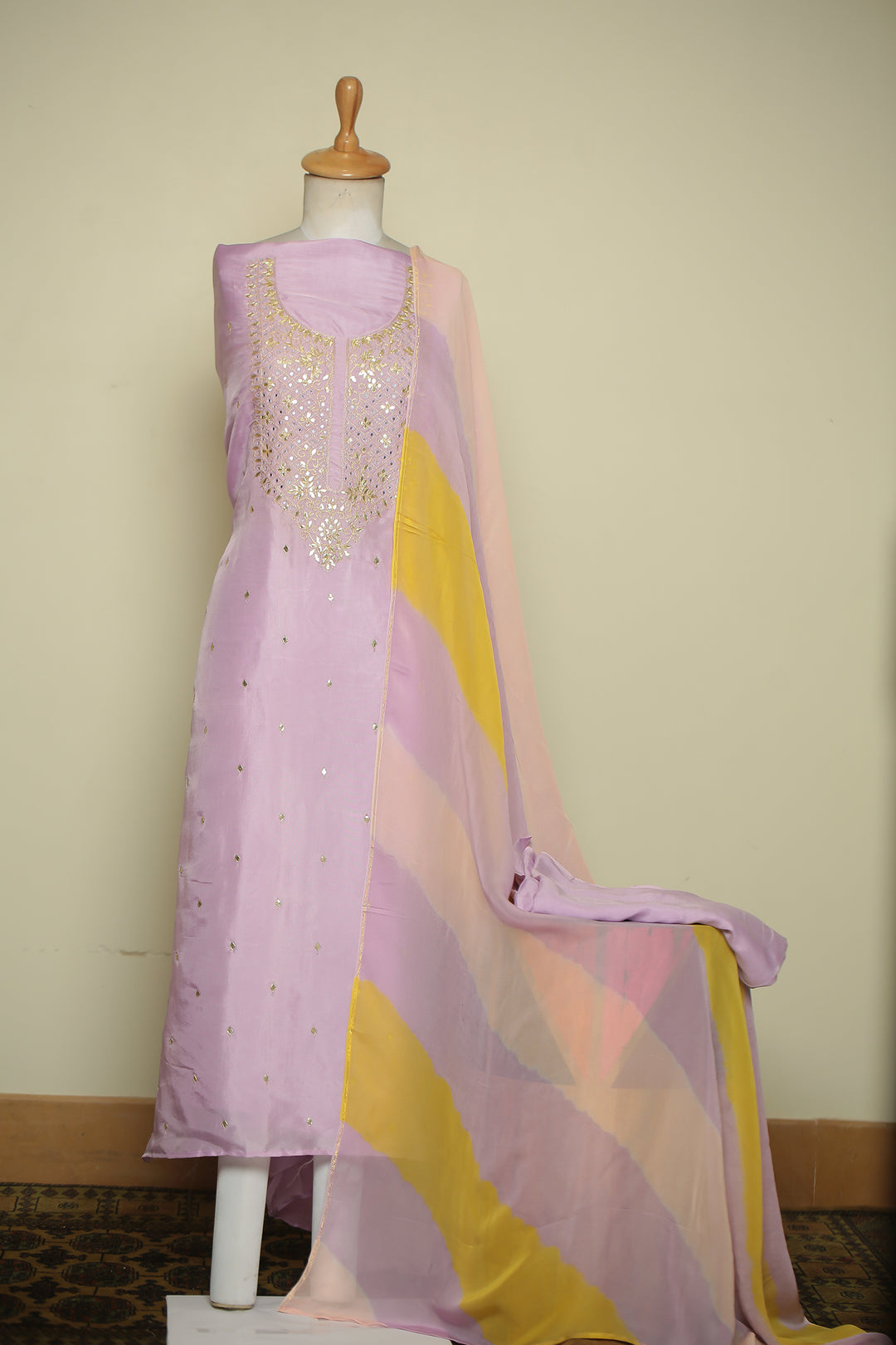 Organza silk Unstitched Suit with Dori, Gota Patti, Mirror, Zari work.