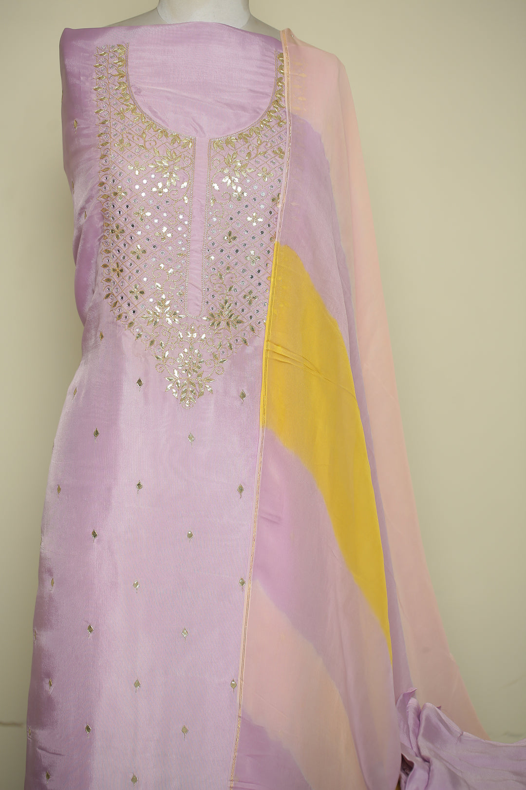 Organza silk Unstitched Suit with Dori, Gota Patti, Mirror, Zari work.