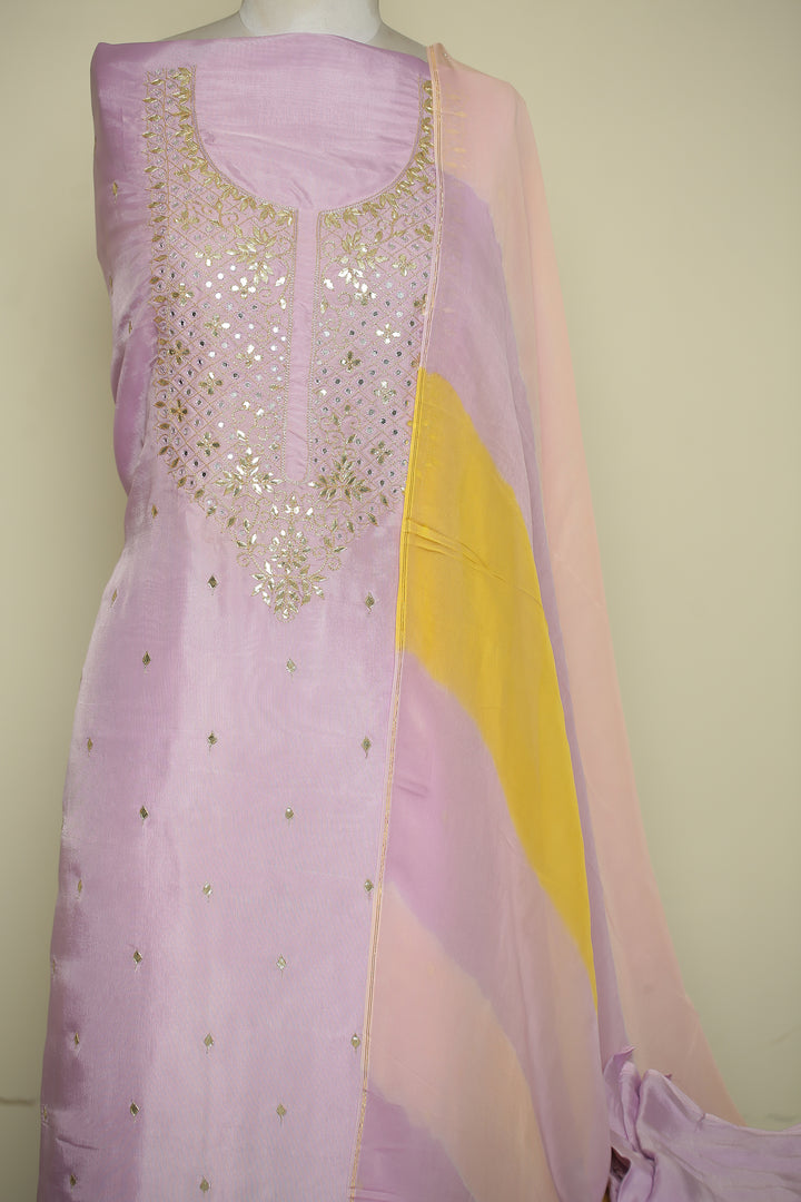 Organza silk Unstitched Suit with Dori, Gota Patti, Mirror, Zari work.