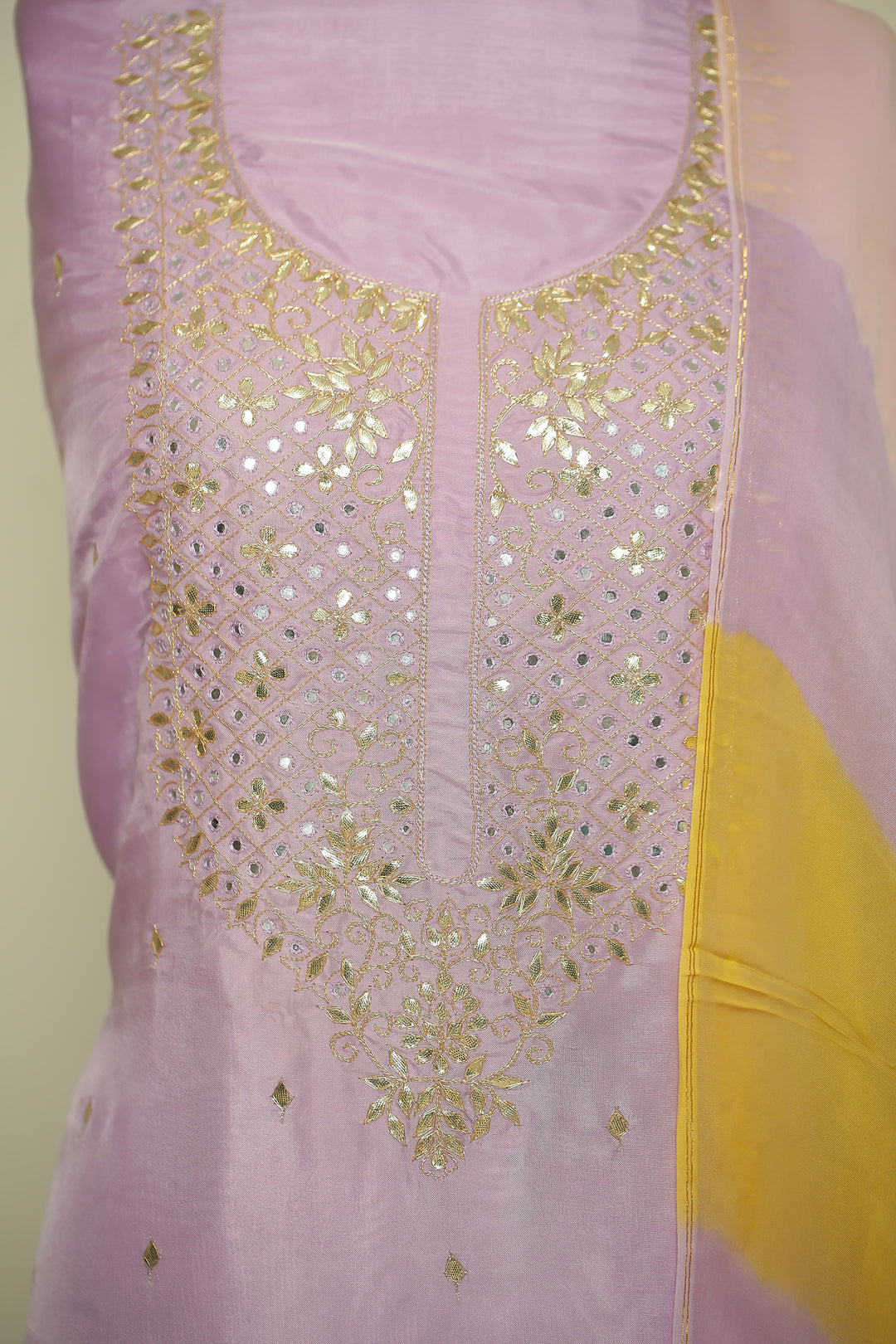 Organza silk Unstitched Suit with Dori, Gota Patti, Mirror, Zari work.