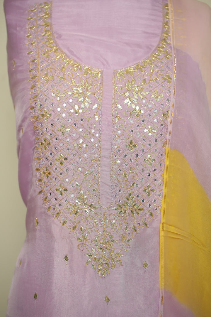 Organza silk Unstitched Suit with Dori, Gota Patti, Mirror, Zari work.