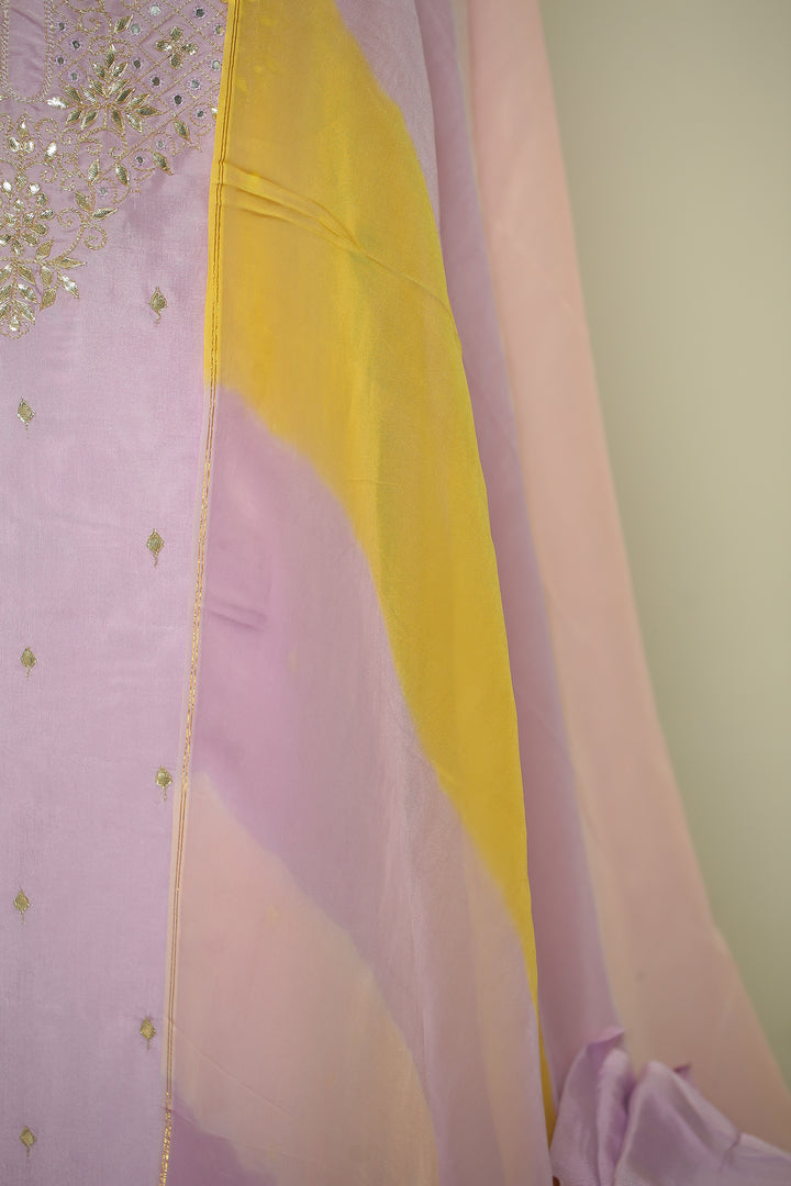 Organza silk Unstitched Suit with Dori, Gota Patti, Mirror, Zari work.