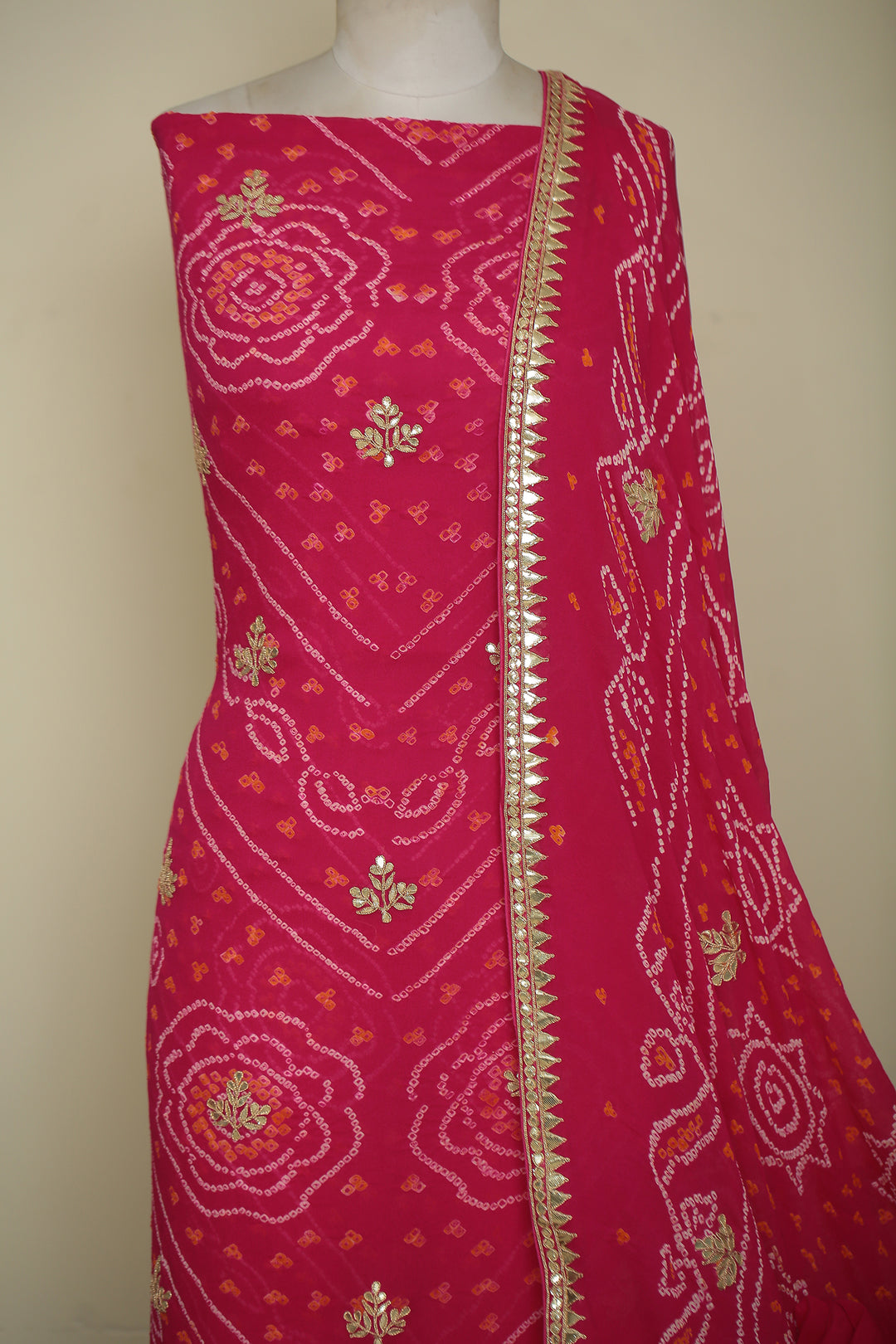 Bandhe Chinon Unstitched Suit with Dori, Gota Patti, Zardozi, Zari work.