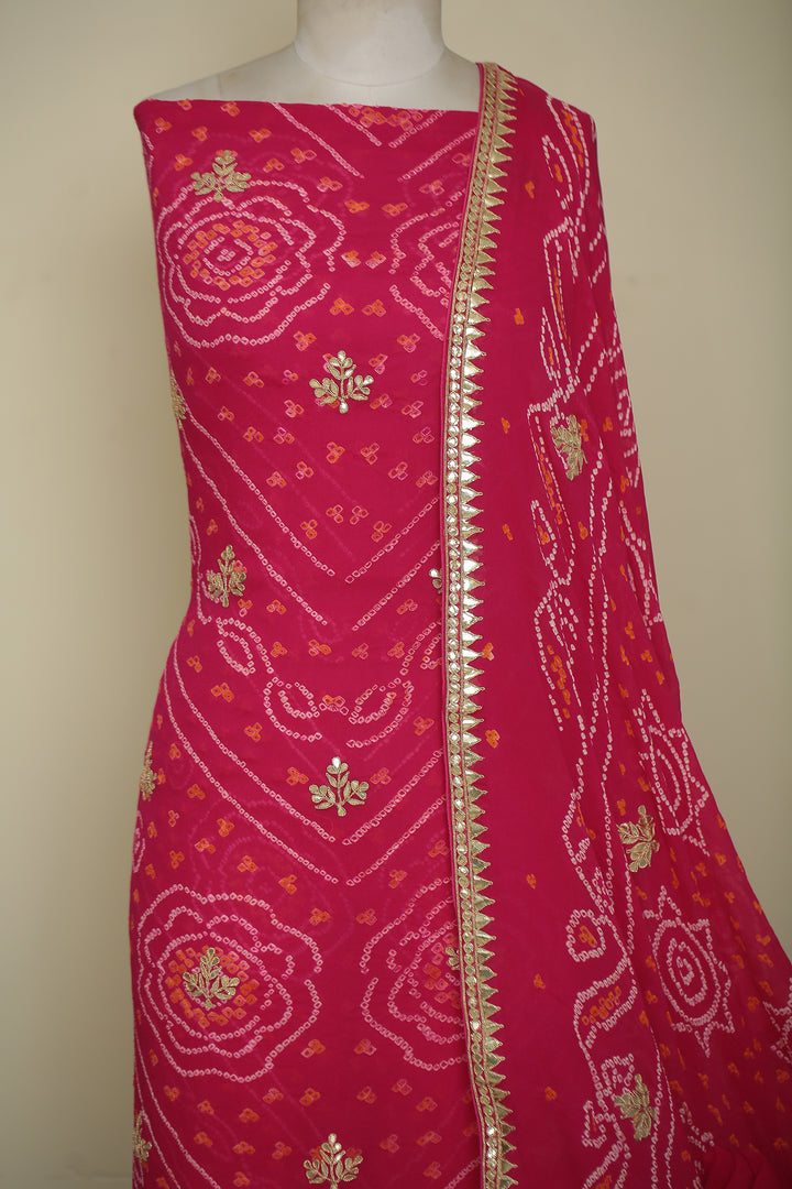 Bandhe Chinon Unstitched Suit with Dori, Gota Patti, Zardozi, Zari work.