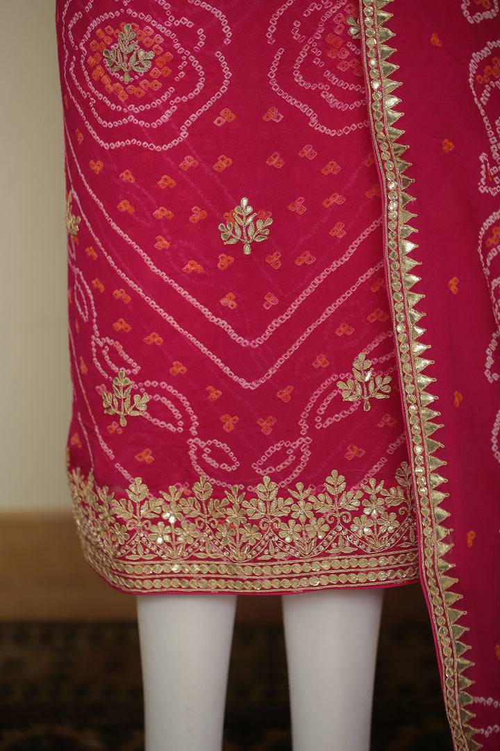 Bandhe Chinon Unstitched Suit with Dori, Gota Patti, Zardozi, Zari work.