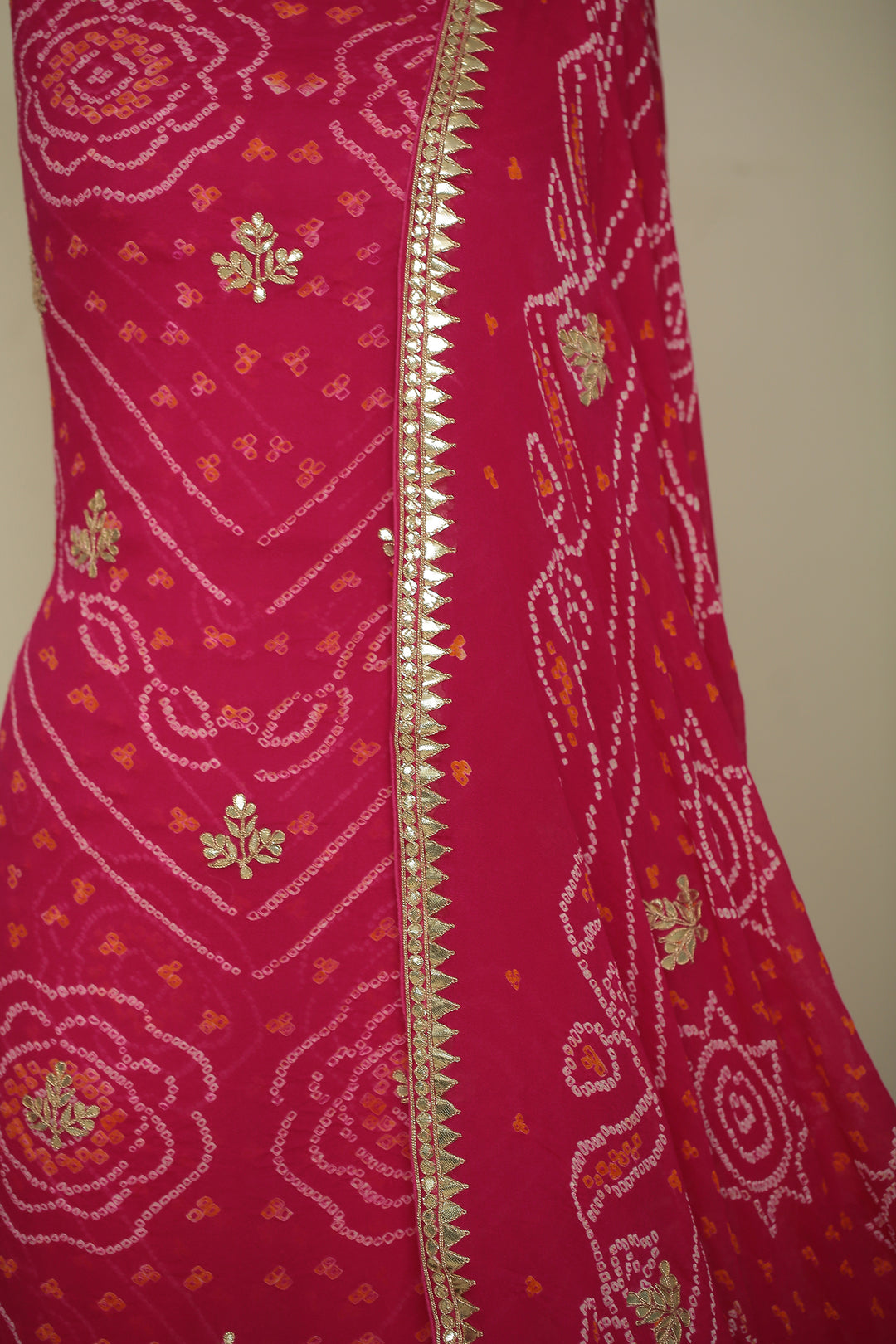 Bandhe Chinon Unstitched Suit with Dori, Gota Patti, Zardozi, Zari work.