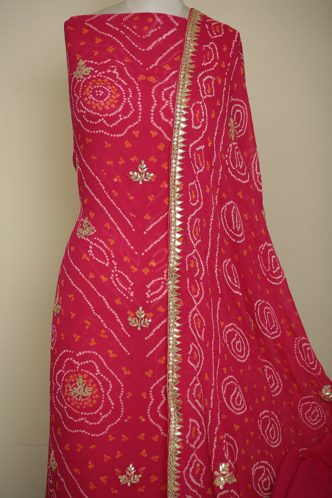 Bandhe Chinon Unstitched Suit with Dori, Gota Patti, Zardozi, Zari work.