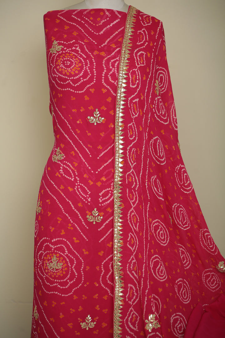Bandhe Chinon Unstitched Suit with Dori, Gota Patti, Zardozi, Zari work.