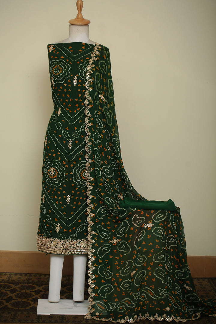 Bandhej Chinon Unstitched Suit with Dori, Gota, Gota Patti, Zardozi, Zari work.