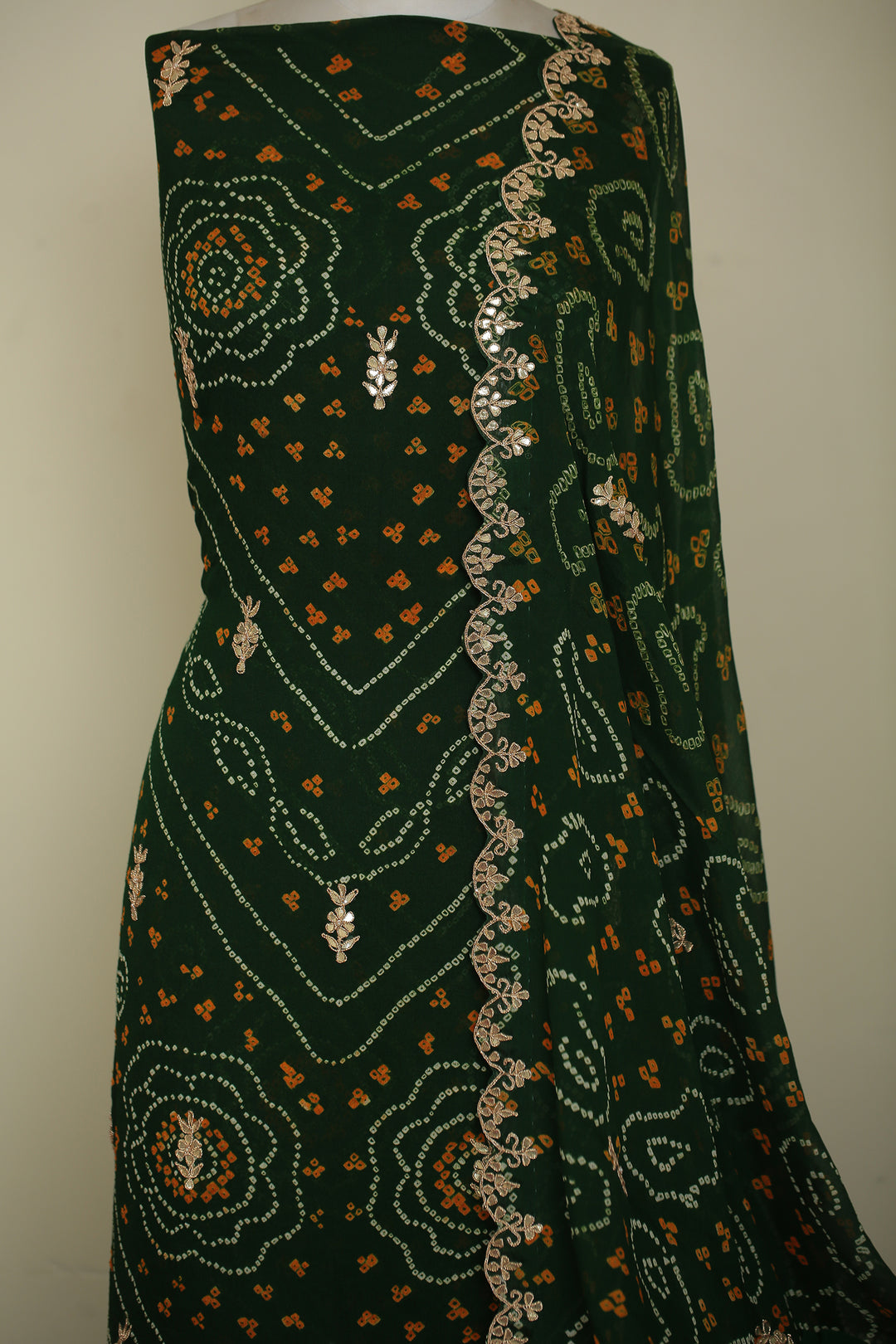 Bandhej Chinon Unstitched Suit with Dori, Gota, Gota Patti, Zardozi, Zari work.