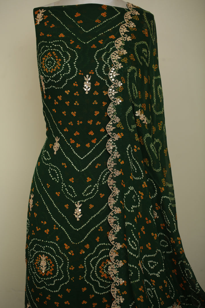 Bandhej Chinon Unstitched Suit with Dori, Gota, Gota Patti, Zardozi, Zari work.