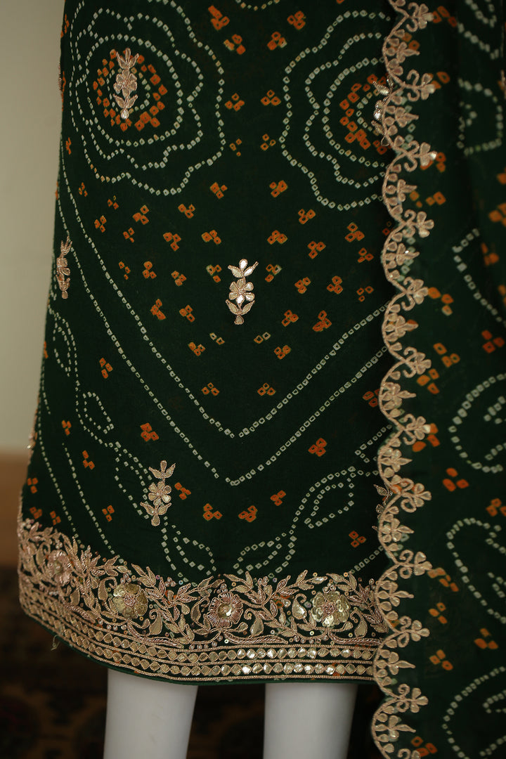 Bandhej Chinon Unstitched Suit with Dori, Gota, Gota Patti, Zardozi, Zari work.
