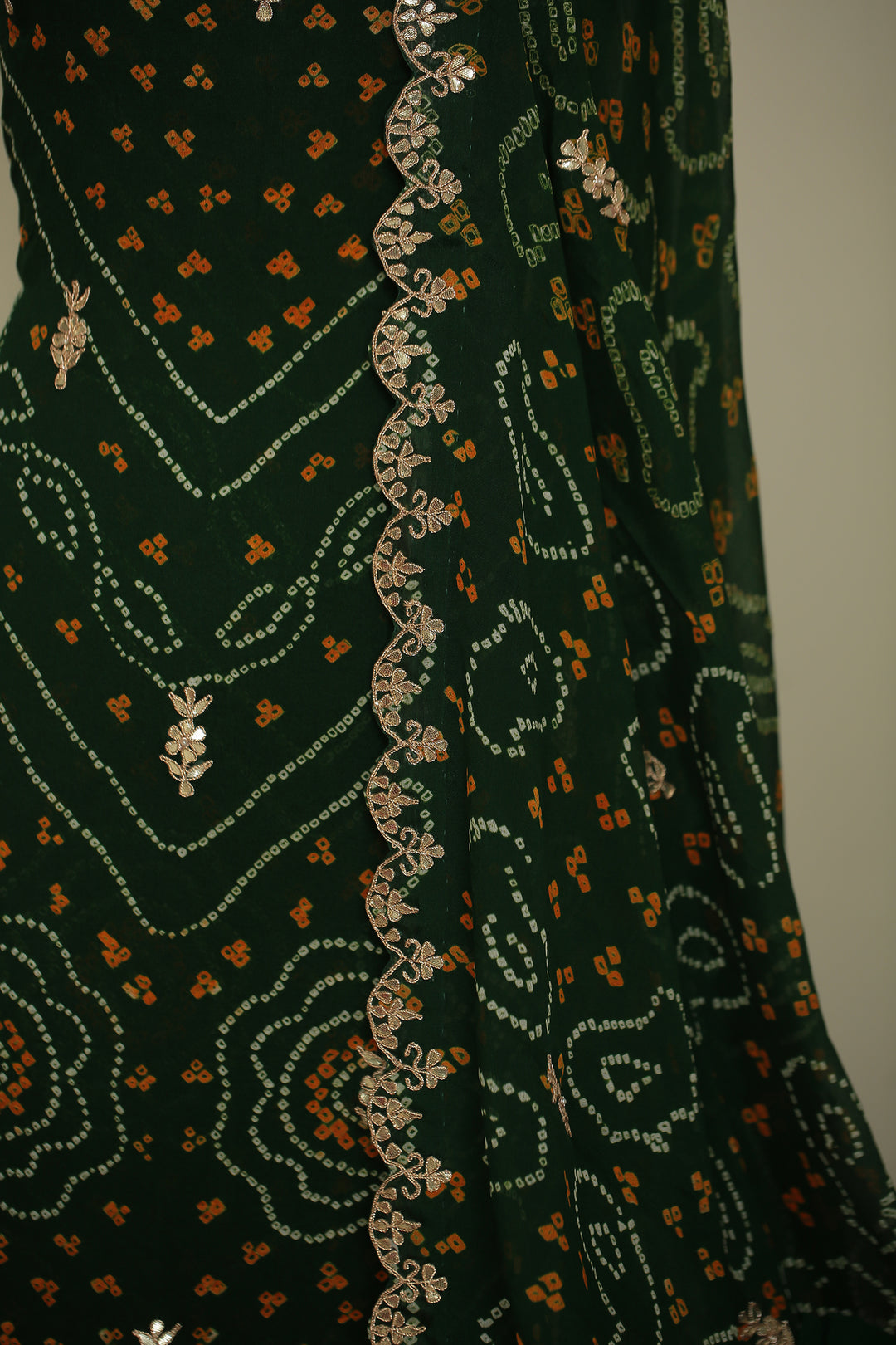 Bandhej Chinon Unstitched Suit with Dori, Gota, Gota Patti, Zardozi, Zari work.