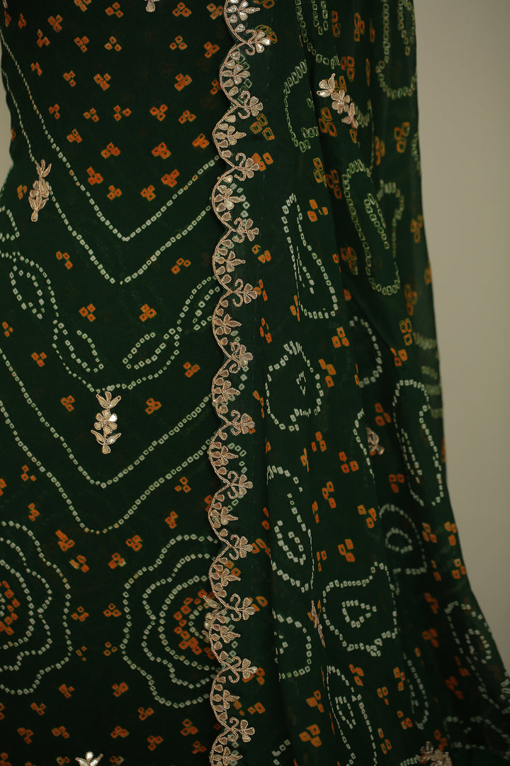 Bandhej Chinon Unstitched Suit with Dori, Gota, Gota Patti, Zardozi, Zari work.