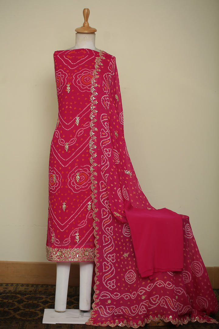 Bandhe Chinon Unstitched Suit with Dori, Gota Patti, Zardozi, Zari work.