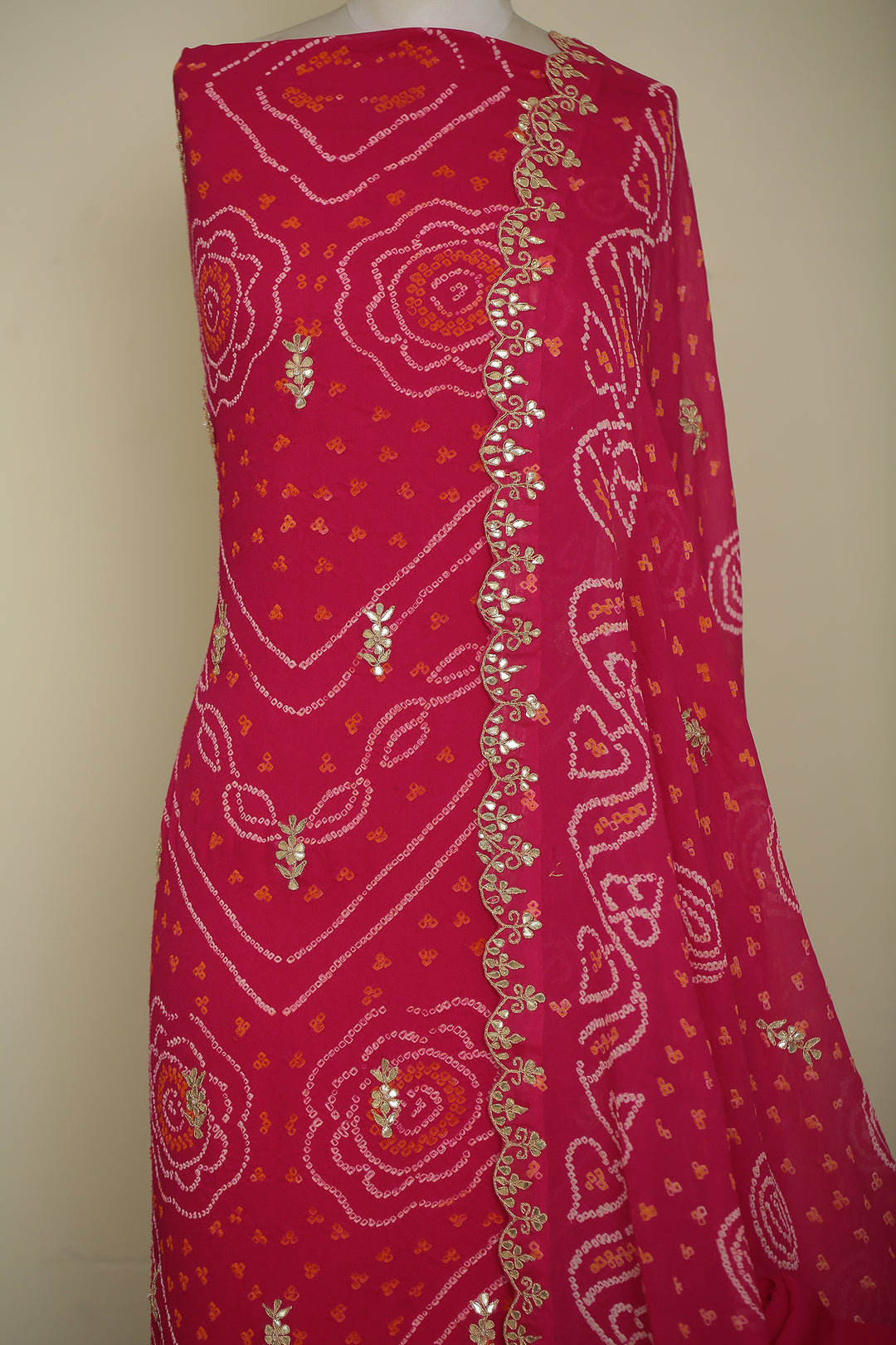 Bandhe Chinon Unstitched Suit with Dori, Gota Patti, Zardozi, Zari work.