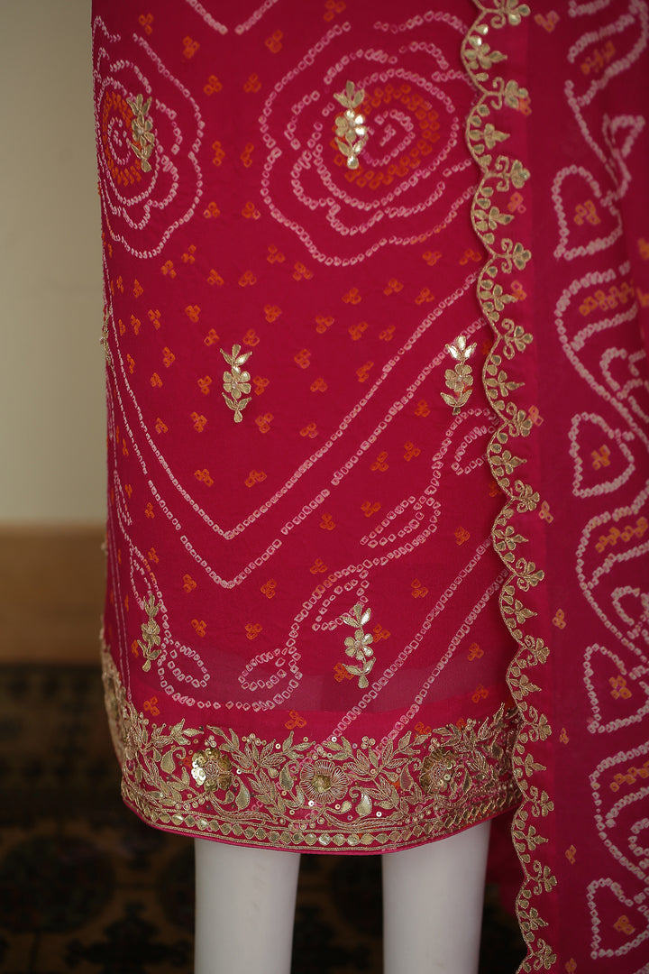 Bandhe Chinon Unstitched Suit with Dori, Gota Patti, Zardozi, Zari work.
