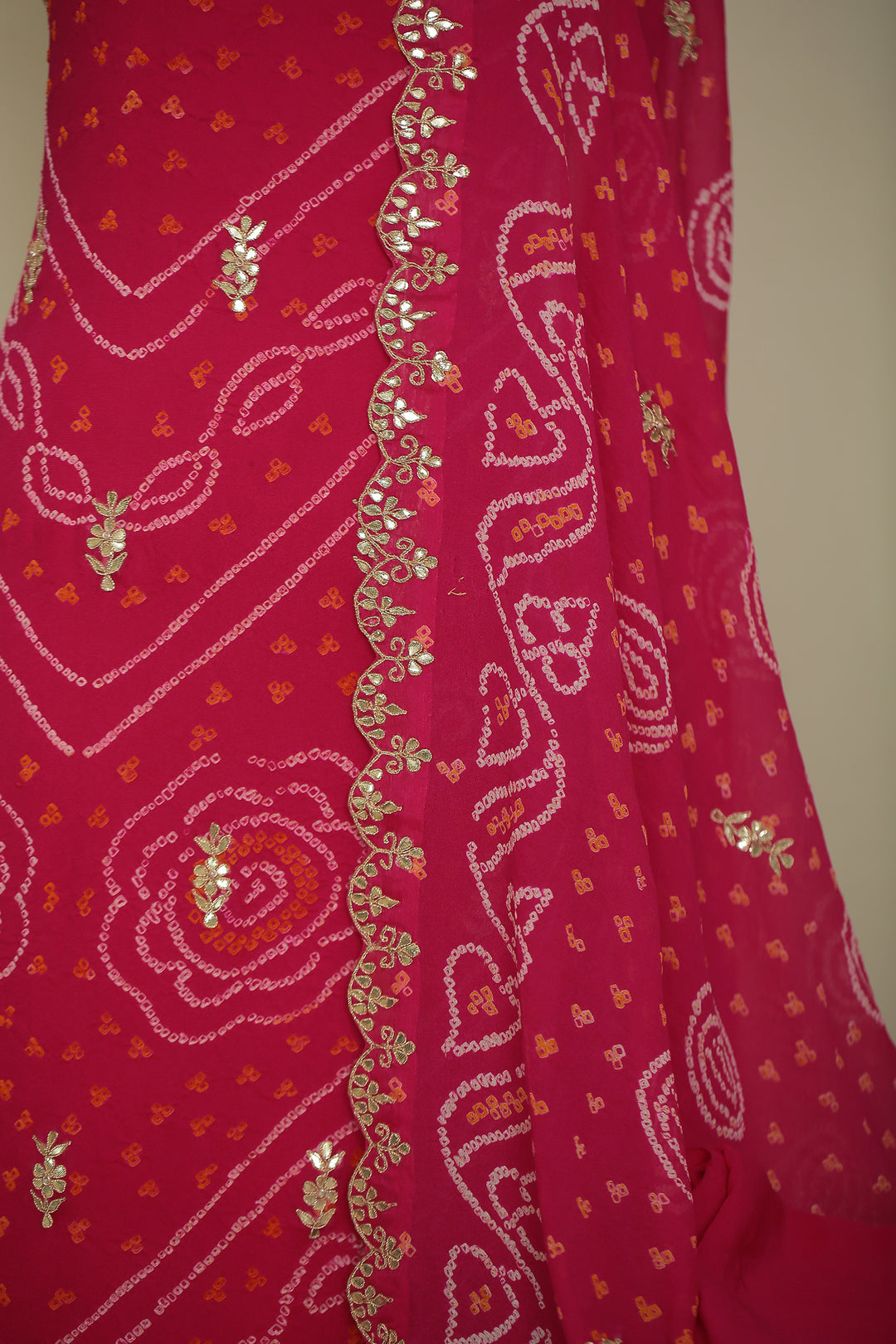 Bandhe Chinon Unstitched Suit with Dori, Gota Patti, Zardozi, Zari work.