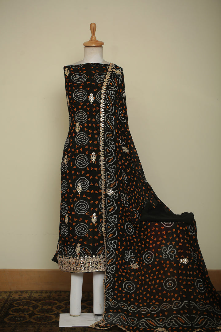Bandhej Chinon Unstitched Suit with Dori, Gota, Gota Patti, Zardozi, Zari work.