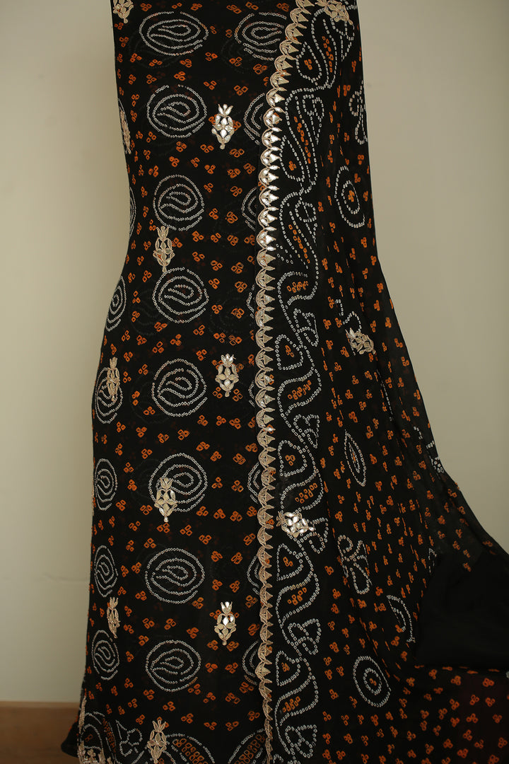 Bandhej Chinon Unstitched Suit with Dori, Gota, Gota Patti, Zardozi, Zari work.
