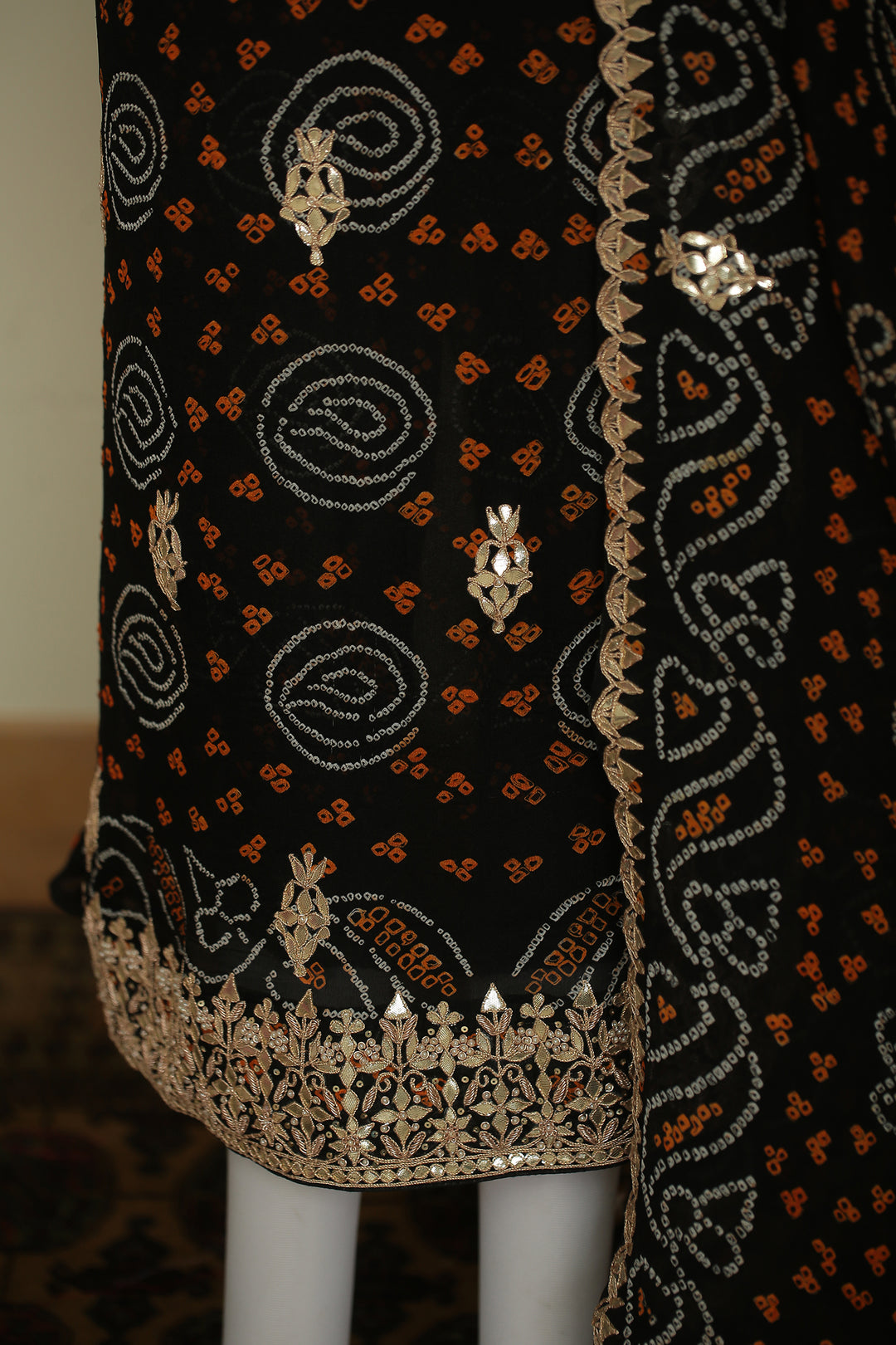 Bandhej Chinon Unstitched Suit with Dori, Gota, Gota Patti, Zardozi, Zari work.