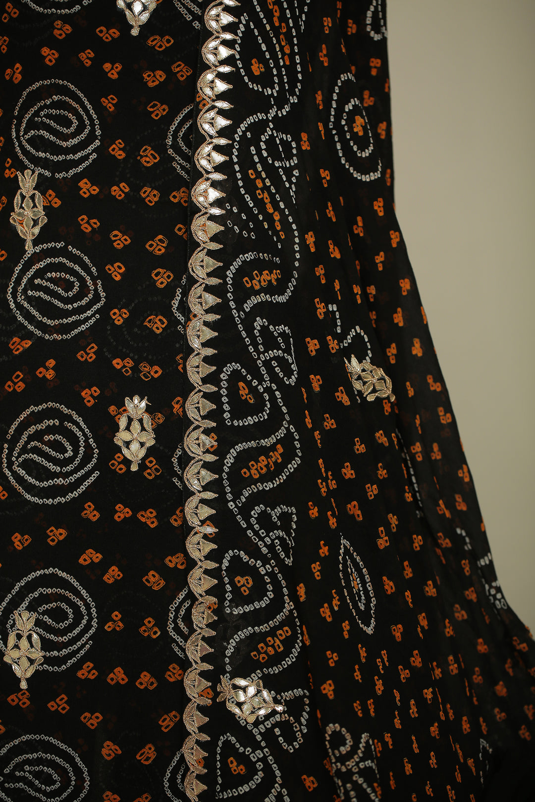 Bandhej Chinon Unstitched Suit with Dori, Gota, Gota Patti, Zardozi, Zari work.