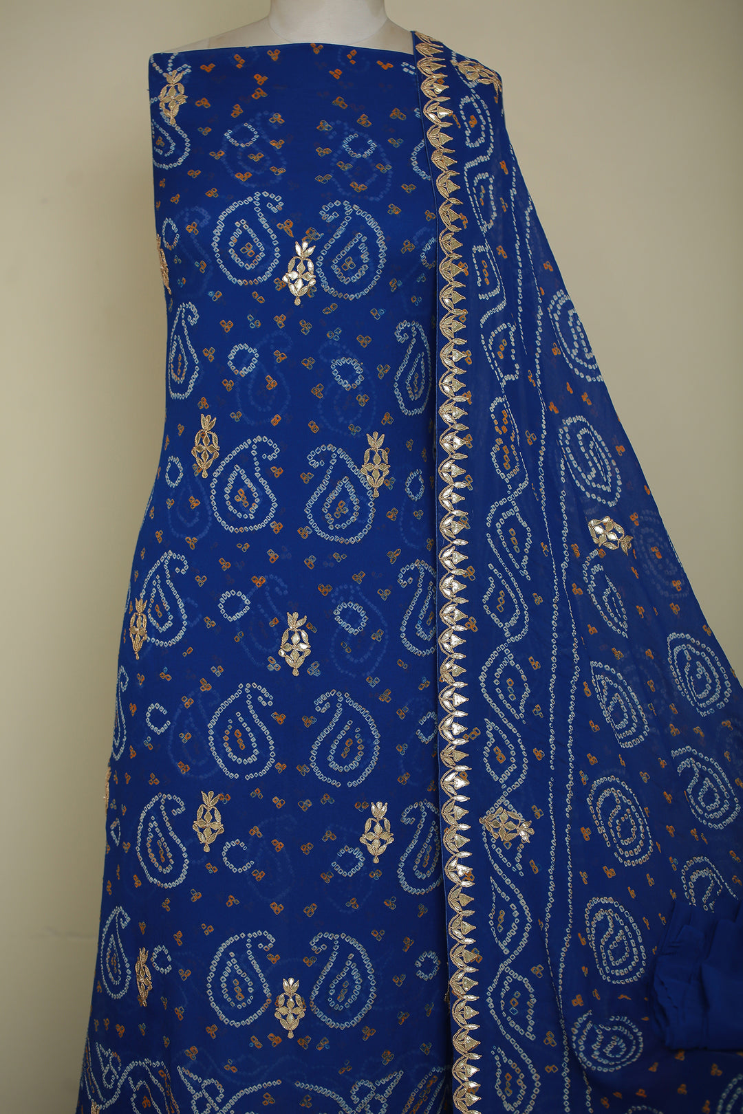 Bandhe Chinon Unstitched Suit with Dori, Gota Patti, Zardozi, Zari work.