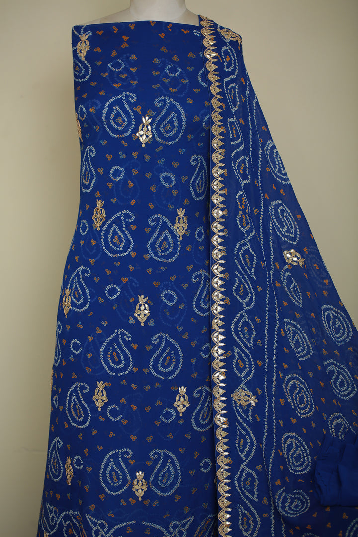 Bandhe Chinon Unstitched Suit with Dori, Gota Patti, Zardozi, Zari work.