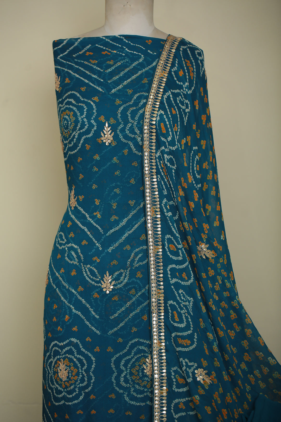 Bandhe Chinon Unstitched Suit with Dori, Gota Patti, Zardozi, Zari work.