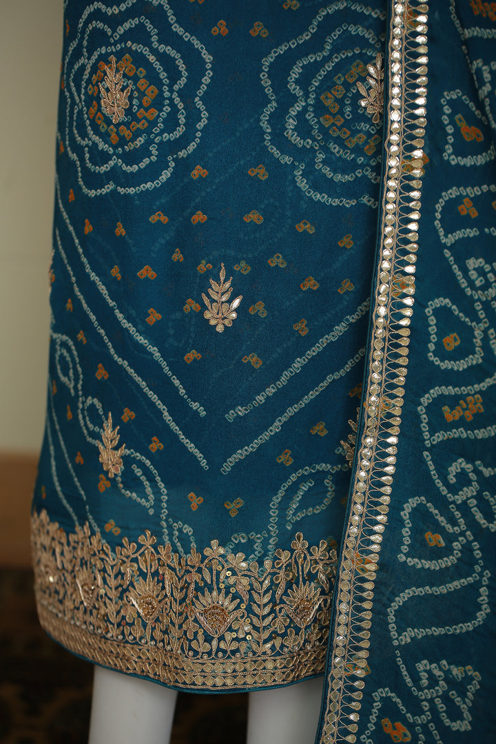 Bandhe Chinon Unstitched Suit with Dori, Gota Patti, Zardozi, Zari work.
